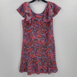 J. Crew Silk Multicolor Paisley Print Flounce Hem Dress Pink Blue F4349